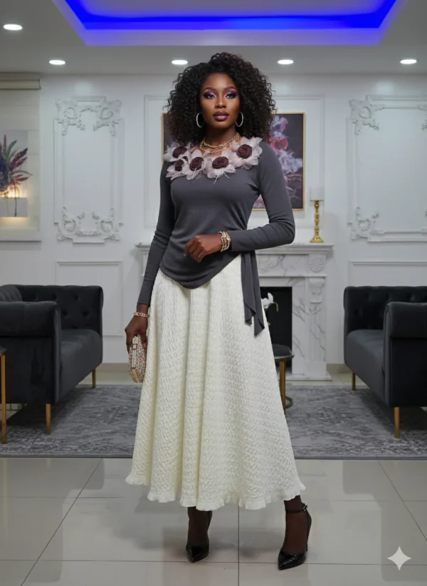 Elegant Floral Accent Two-Piece Set (Ash Color)