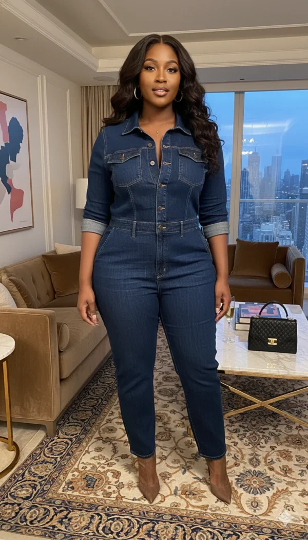 Classic Denim Jumpsuit with Front Buttons