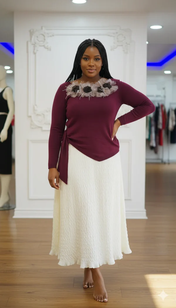 Elegant Floral Accent Two-Piece Set (Wine Color)