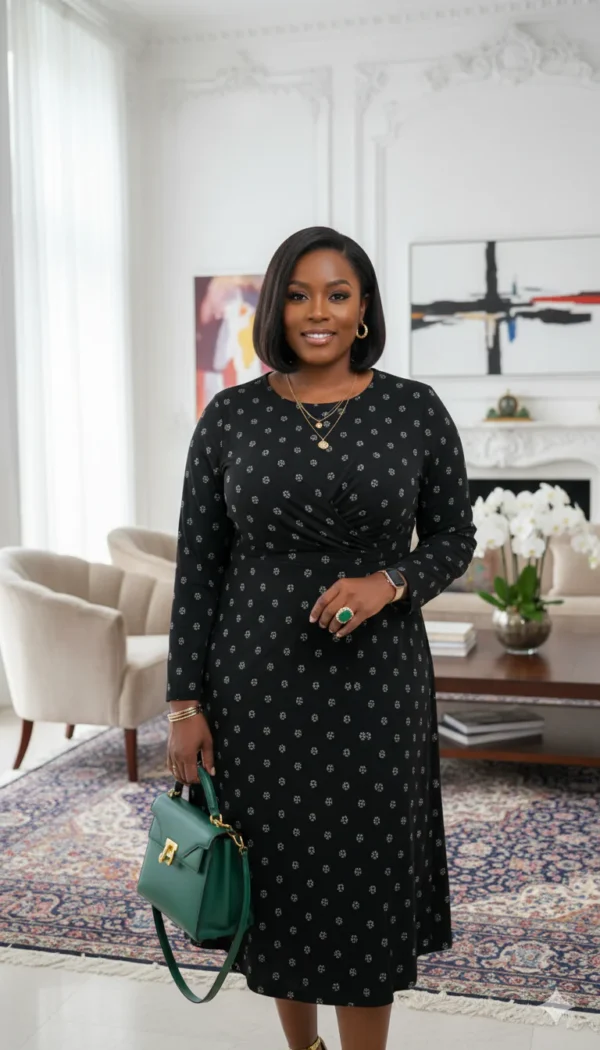 Elegant Long Sleeve Black Dot Gown