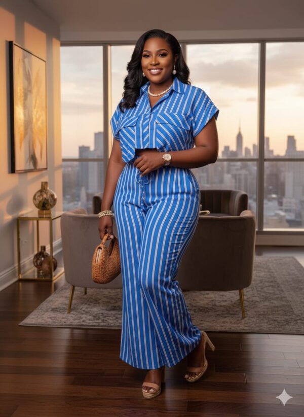 Blue Striped Two-Piece Set – For Women